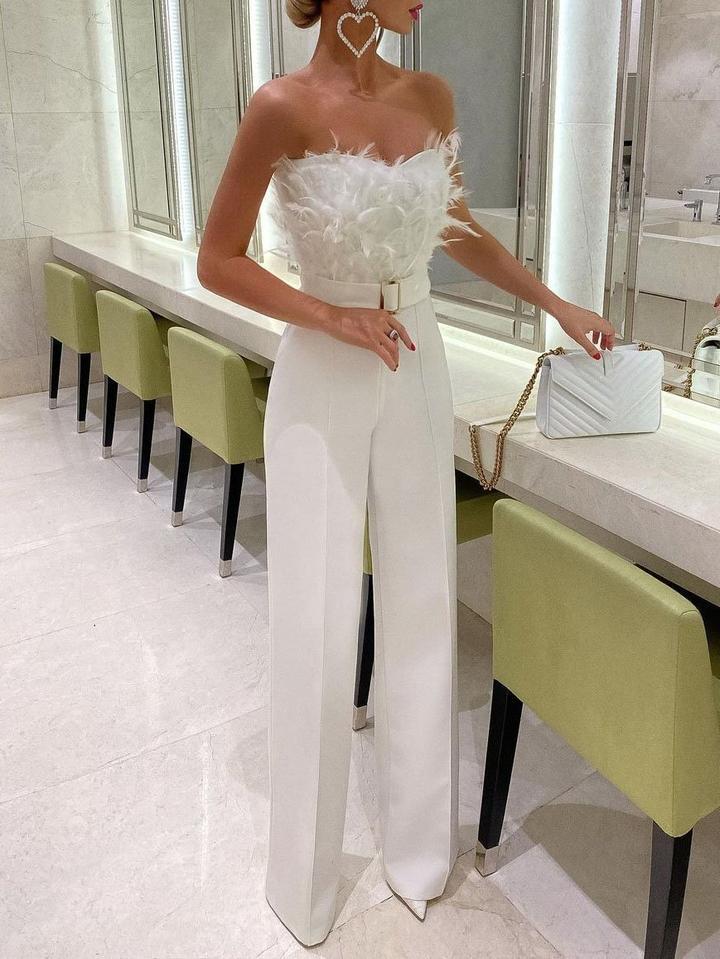 Women's Jumpsuit - Strapless Elegance - Feather Details - High Waist - Tailored Fit
