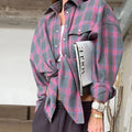 Women's Oversized Checkered Shirt - Long Sleeved - Button Closure - Breast Pockets