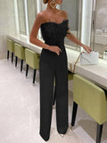 Women's Jumpsuit - Strapless Elegance - Feather Details - High Waist - Tailored Fit