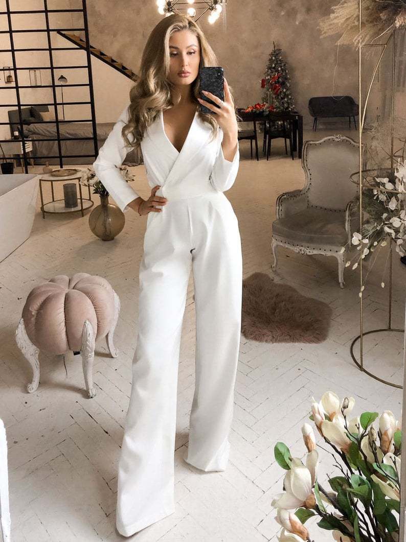 Women's Jumpsuit - Slim Fit - Long Sleeved - V-Neck - Elegant and Flattering