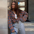 Women's Oversized Checkered Shirt - Long Sleeved - Button Closure - Breast Pockets