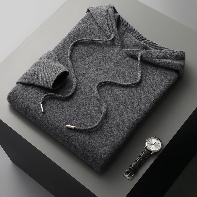 Men's Hoodie – 100% Cashmere – Classic Fit – Soft Knitted – Ribbed Cuffs