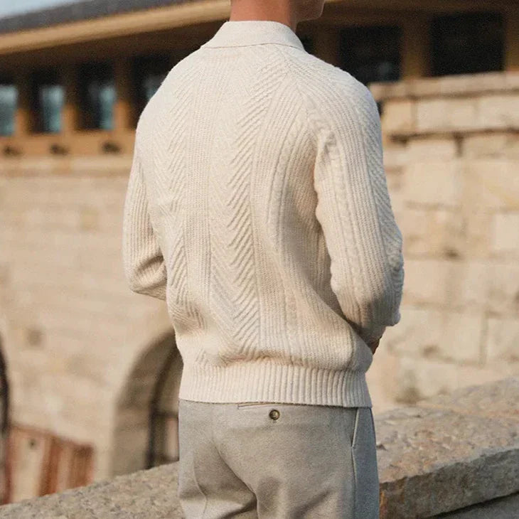 Men's Knit Sweater – Slim Fit – Cable Knit – Polo Collar – Long Sleeves Layer-on-layer