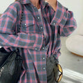 Women's Oversized Checkered Shirt - Long Sleeved - Button Closure - Breast Pockets