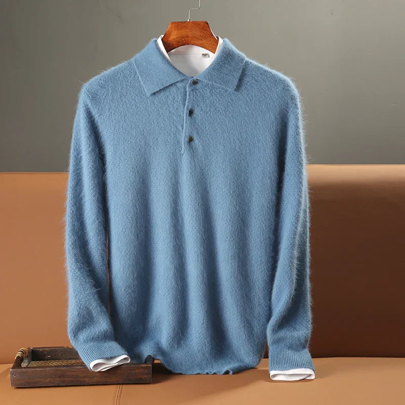 Men's Polo Sweater – Wool – Relaxed Fit – Long-Sleeved – Ribbed Edge & Button Closure