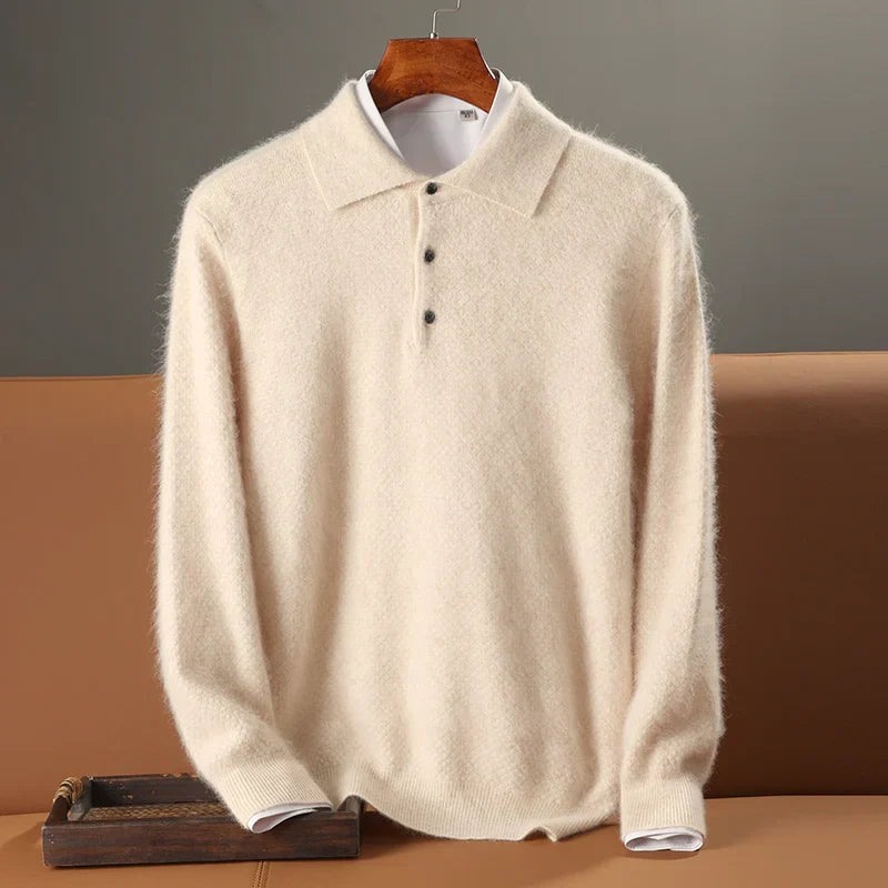Men's Polo Sweater – Wool – Relaxed Fit – Long-Sleeved – Ribbed Edge & Button Closure