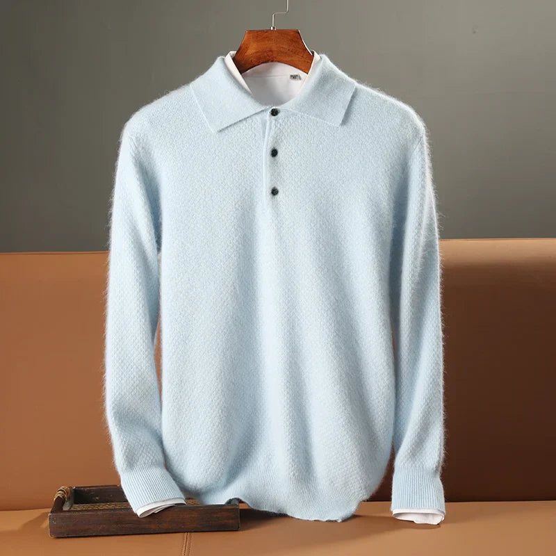 Men's Polo Sweater – Wool – Relaxed Fit – Long-Sleeved – Ribbed Edge & Button Closure