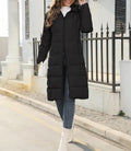 Women's Long Down Jacket - Knee-Length Quilted - Hood and Warm Insulation - Lightweight Design