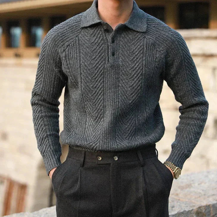Men's Knit Sweater – Slim Fit – Cable Knit – Polo Collar – Long Sleeves Layer-on-layer