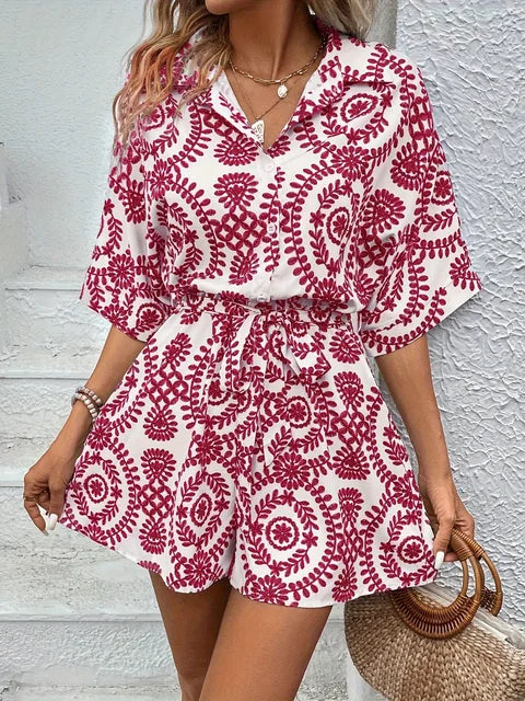 Women's Jumpsuit - Button Closure & Shirt Collar - Short Sleeves - Waistband & Print