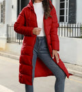 Women's Long Down Jacket - Knee-Length Quilted - Hood and Warm Insulation - Lightweight Design