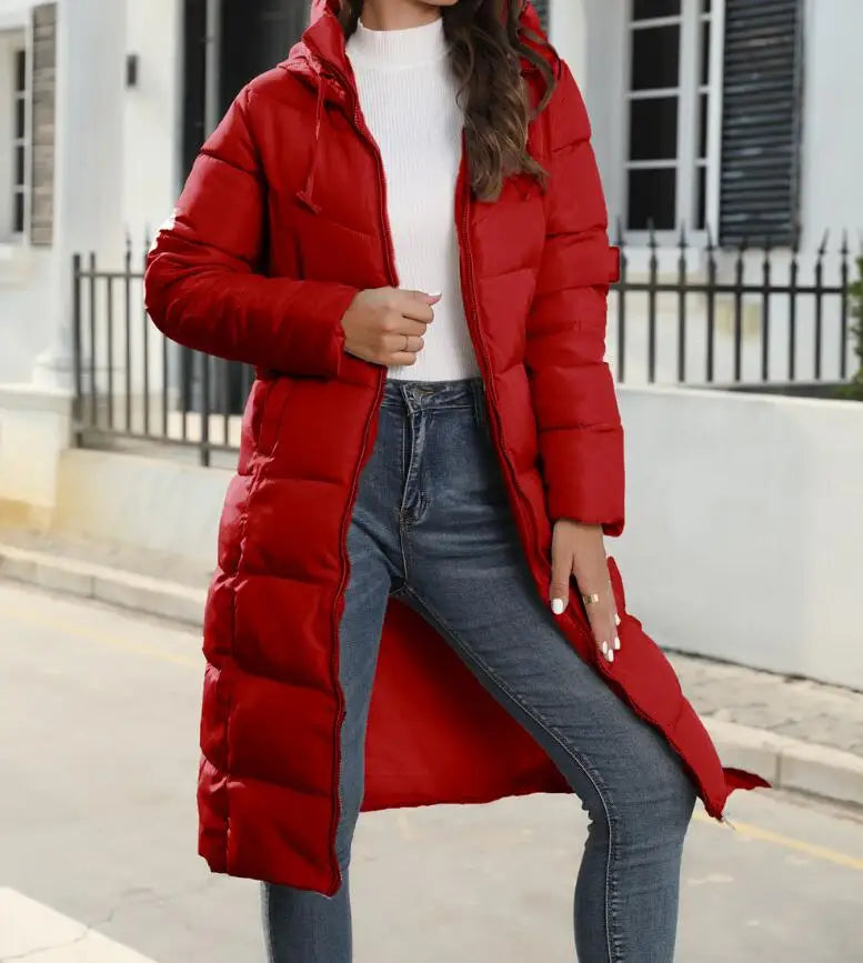 Women's Long Down Jacket - Knee-Length Quilted - Hood and Warm Insulation - Lightweight Design