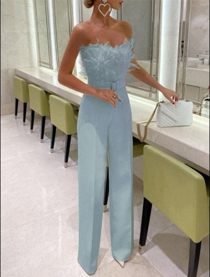 Women's Jumpsuit - Strapless Elegance - Feather Details - High Waist - Tailored Fit