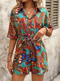 Women's Jumpsuit - Button Closure & Shirt Collar - Short Sleeves - Waistband & Print