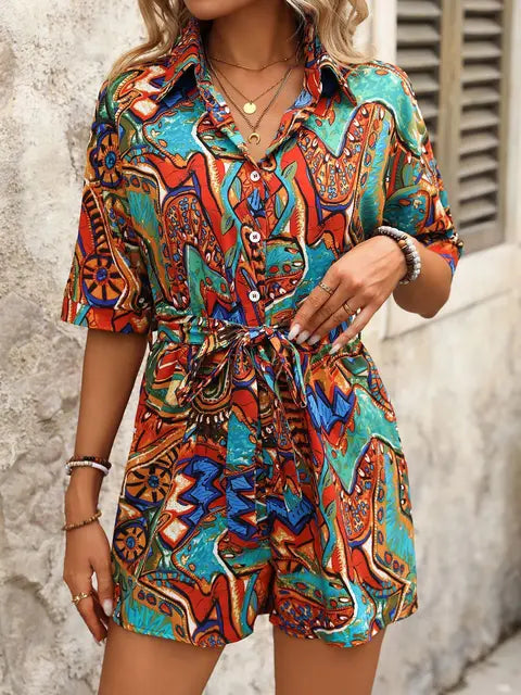 Women's Jumpsuit - Button Closure & Shirt Collar - Short Sleeves - Waistband & Print