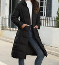 Women's Long Down Jacket - Knee-Length Quilted - Hood and Warm Insulation - Lightweight Design