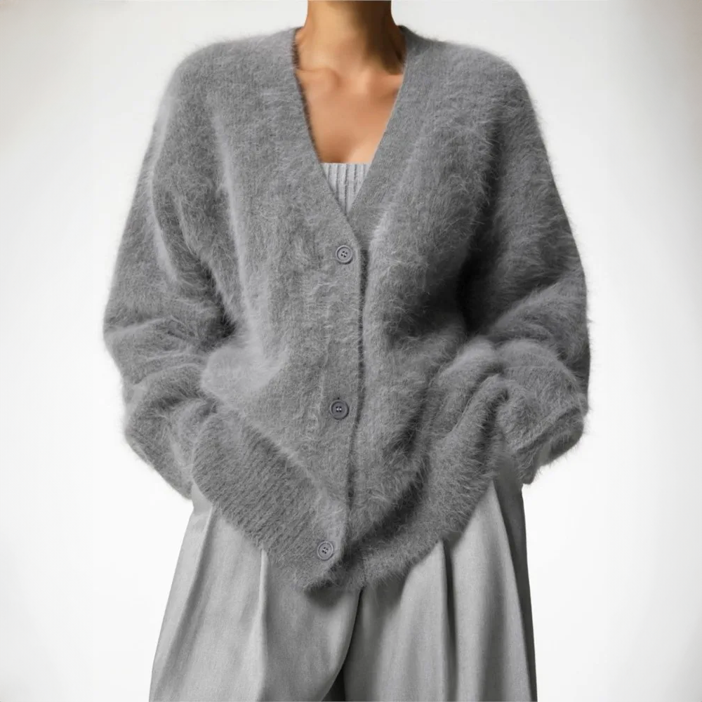 Women's Cardigan - Oversized Fit - Soft & Fluffy Knit - V-neck with Button Closure