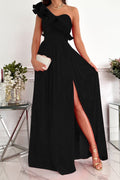 Women's Evening Dress - Asymmetric One-Shoulder - Ruched Detail - High Slit - Elegant Cut
