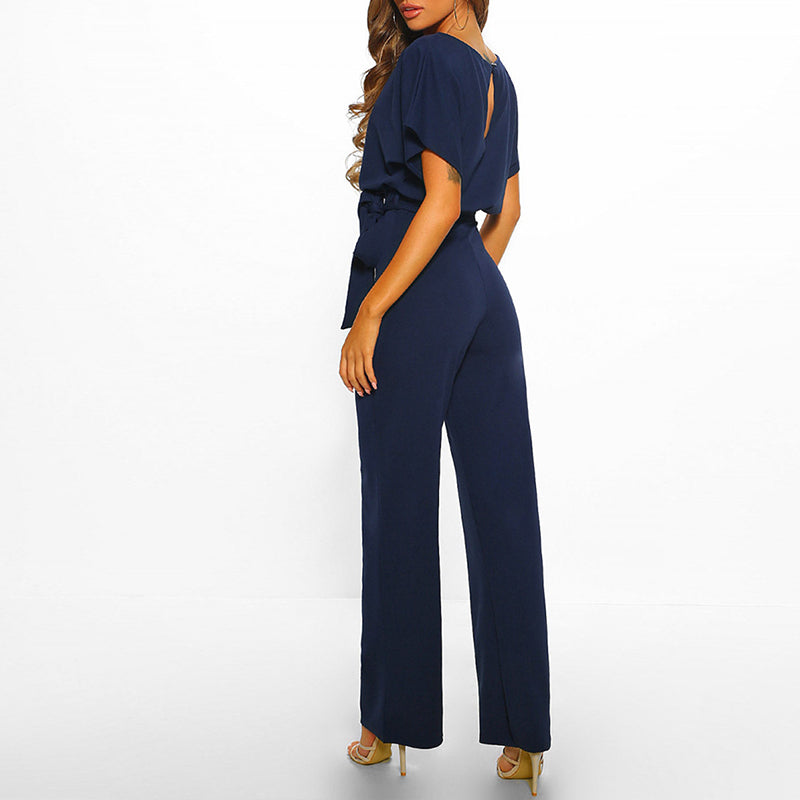 Wide Leg Short Sleeve Belted Jumpsuit