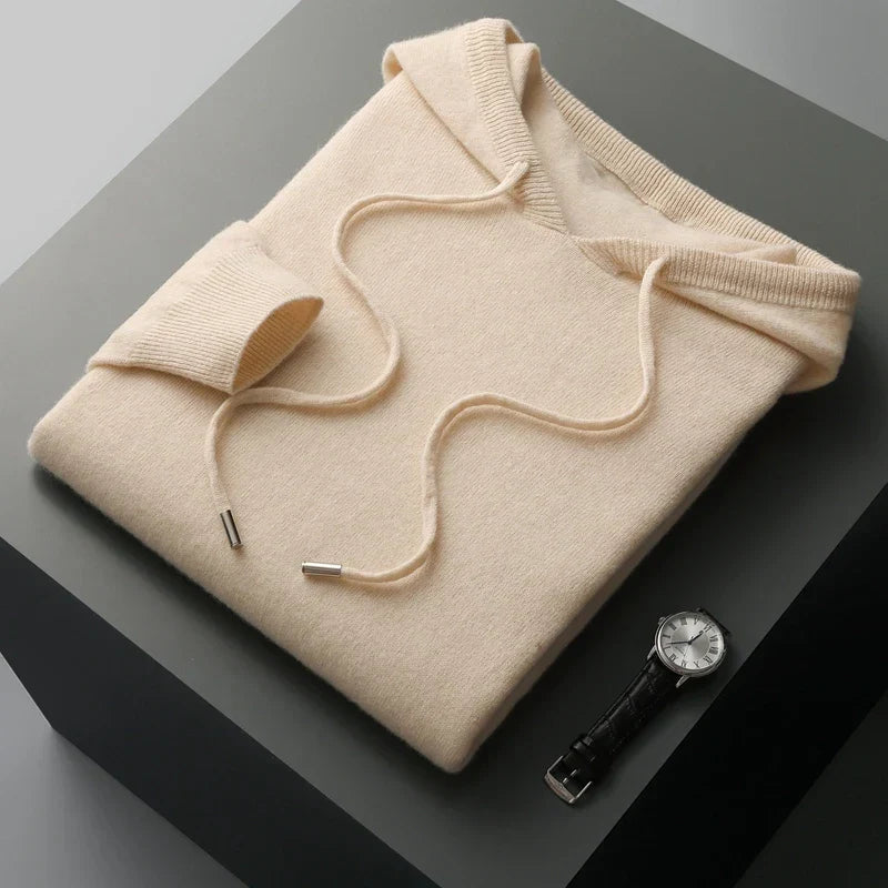 Men's Hoodie – 100% Cashmere – Classic Fit – Soft Knitted – Ribbed Cuffs