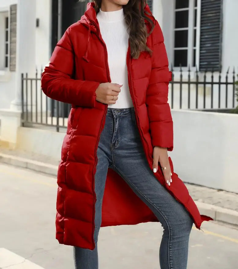 Women's Long Down Jacket - Knee-Length Quilted - Hood and Warm Insulation - Lightweight Design