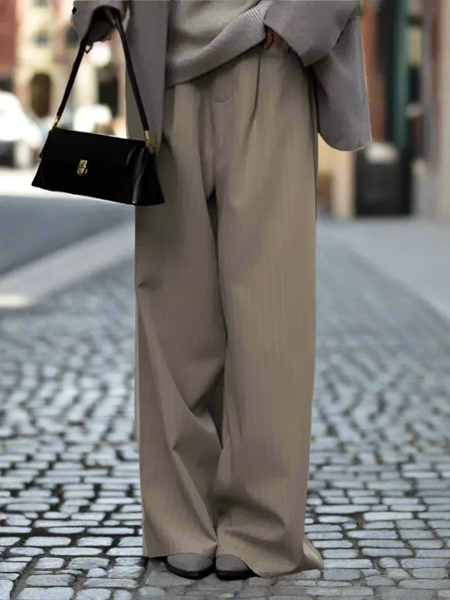 Women's Pants - High-Waisted Wide-Leg - Striped Pattern - Elegant and Comfortable