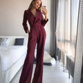 Women's Jumpsuit - V-Neck Wrap Design - Long Sleeves - Tailored Fit - Wide Legs