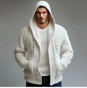 Wool Cable Knit Hooded Cardigan Sweater