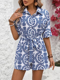 Women's Jumpsuit - Button Closure & Shirt Collar - Short Sleeves - Waistband & Print