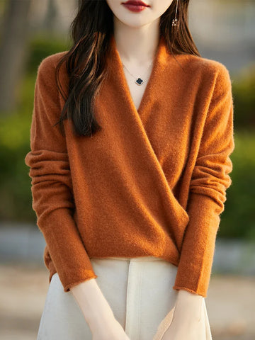 Wool Knit Relaxed V-Neck Pullover Sweater