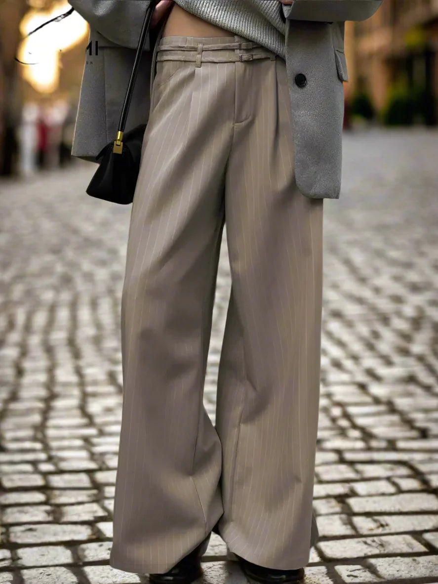 Women's Pants - High-Waisted Wide-Leg - Striped Pattern - Elegant and Comfortable