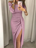 Women's Off-Shoulder Dress - Tight Fit - Draped Design - High Slit
