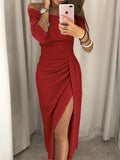 Women's Off-Shoulder Dress - Tight Fit - Draped Design - High Slit