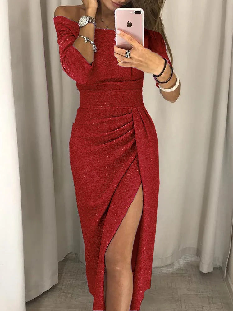 Women's Off-Shoulder Dress - Tight Fit - Draped Design - High Slit