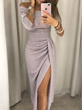 Women's Off-Shoulder Dress - Tight Fit - Draped Design - High Slit