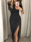 Women's Off-Shoulder Dress - Tight Fit - Draped Design - High Slit