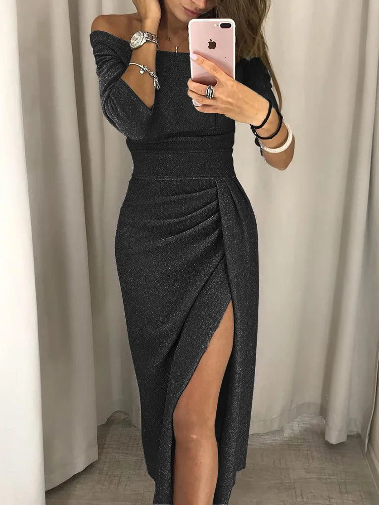 Women's Off-Shoulder Dress - Tight Fit - Draped Design - High Slit