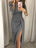 Women's Off-Shoulder Dress - Tight Fit - Draped Design - High Slit