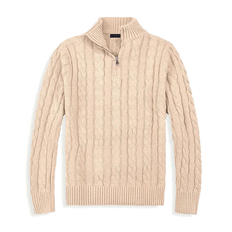 Men's Sweater with Half Zip – Cable Knit – Cotton Blend – Regular Fit – Ribbed Edges