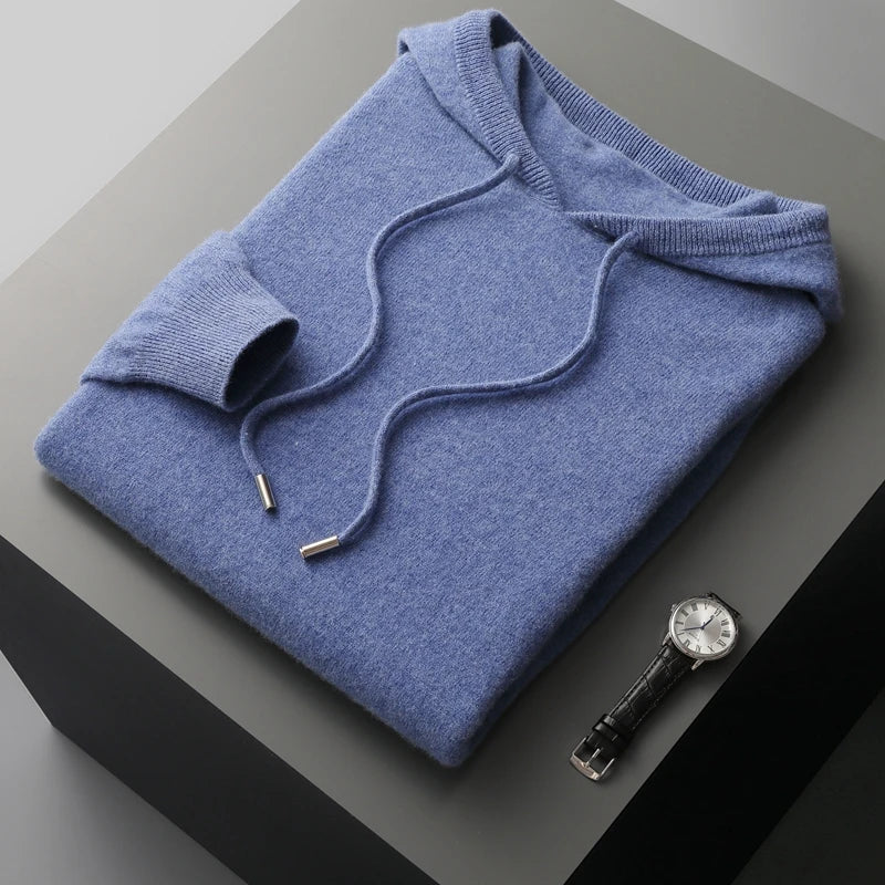 Men's Hoodie – 100% Cashmere – Classic Fit – Soft Knitted – Ribbed Cuffs