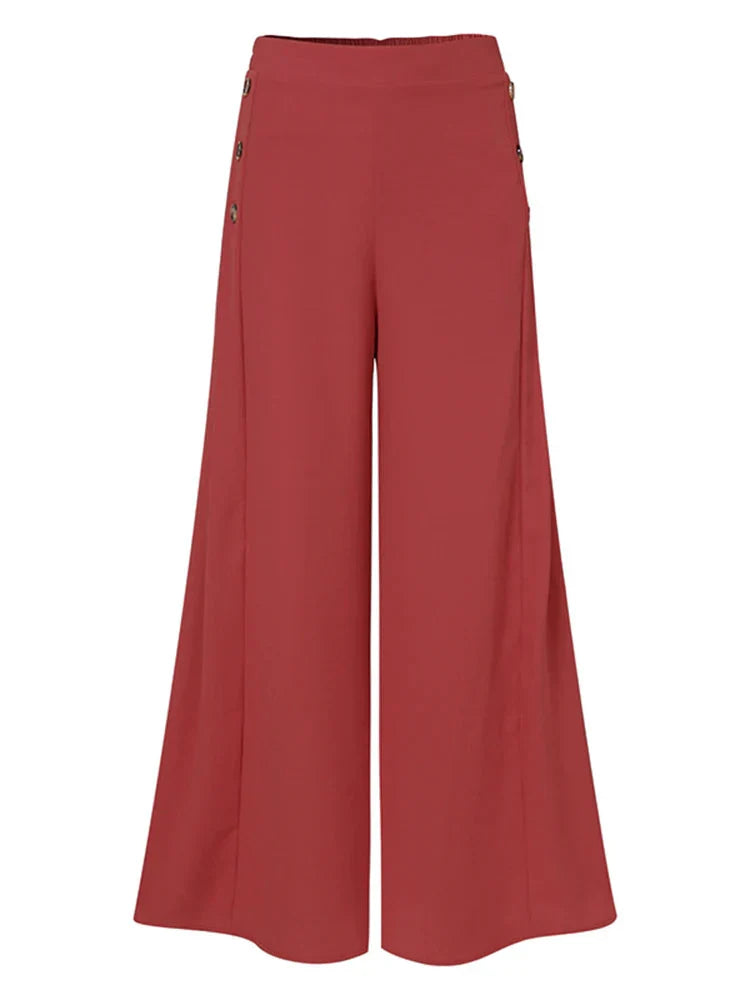 Women's Palazzo Pants - High-Waisted - Loose Fit - Elegant Button Detail