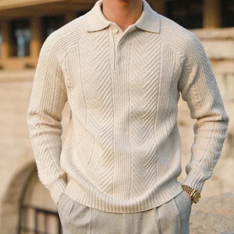 Men's Knit Sweater – Slim Fit – Cable Knit – Polo Collar – Long Sleeves Layer-on-layer