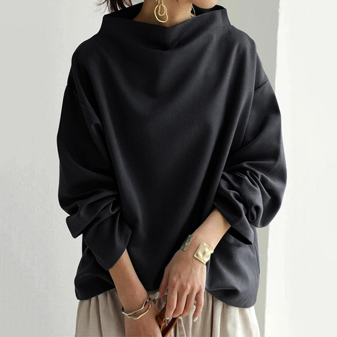 Relaxed Fit High-Neck Dropped Shoulder Knit Top