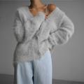 Women's Cardigan - Oversized Fit - Soft & Fluffy Knit - V-neck with Button Closure