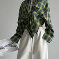Women's Oversized Checkered Shirt - Long Sleeved - Button Closure - Breast Pockets