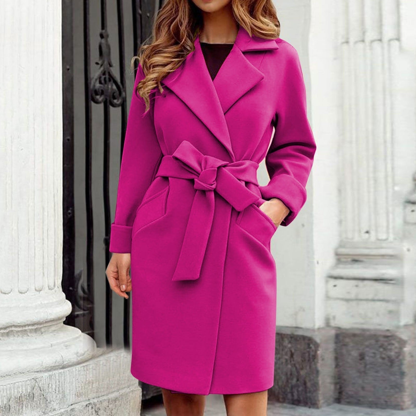 Women's Trench Coat - Wool Blend - Tie Belt - Classic Cut - Knee Length
