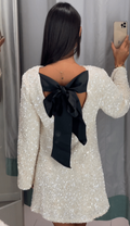 Women's Mini Dress - Sequins - Open Back with Bow - Long-Sleeved Party Dress