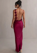 Women's Long Evening Dress - Backless Draped - Spaghetti Straps - Elegant Satin Look