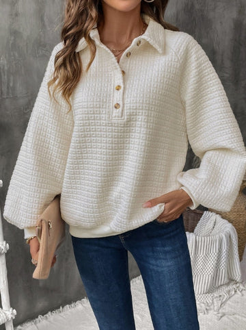 Grid Knit Half Placket Oversized Sweatshirt