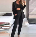 Women's Suit - Elegant Three-Piece Set - Blazer, Sleeveless Crop Top & High-Waisted Trousers